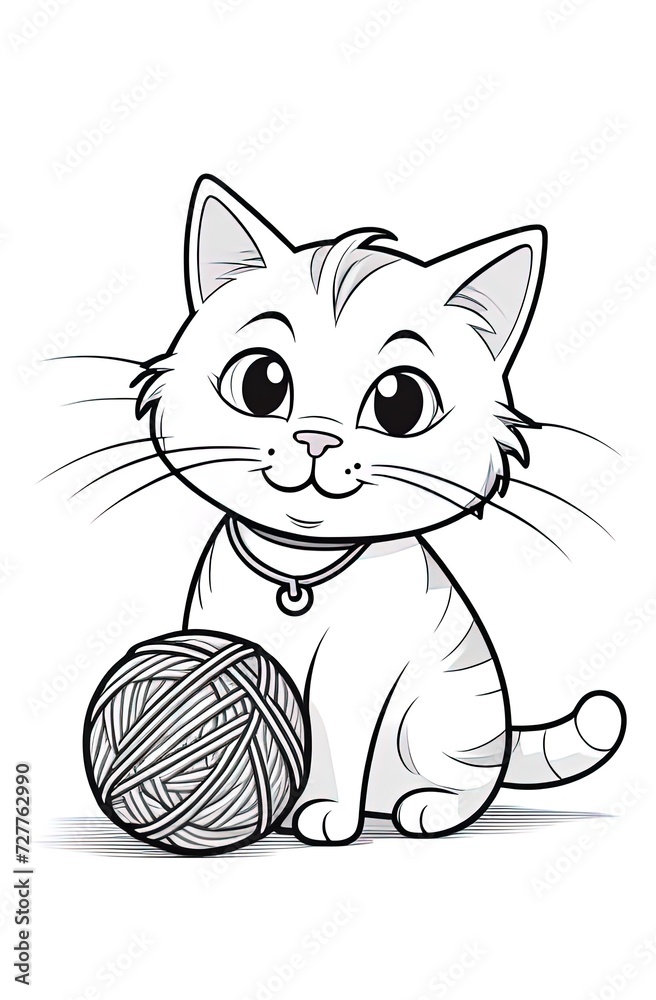 Obraz premium Coloring Page Outline Of a cartoon cat playing with ball of yarn. Coloring book for kids