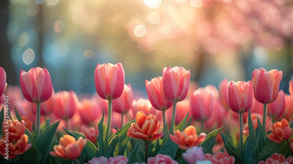 A slightly blurred background of a spring park with blooming trees and vibrant tulips