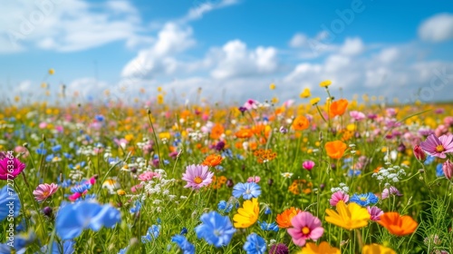 A vibrant meadow covered in wildflowers  with a clear blue sky and a gentle breeze.