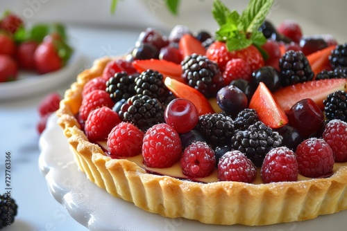 A vibrant fruit tart showcasing a medley of fresh berries atop a buttery, flaky pastry shell.