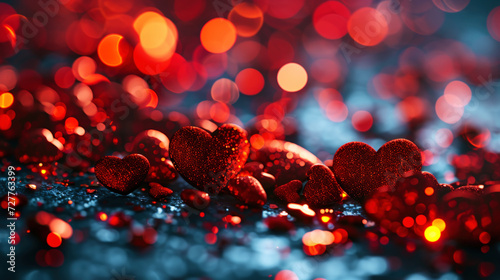 Romantic abstract glitter background with red sparkling hearts. Bokeh backdrop. Valentine's day concept. Generative AI