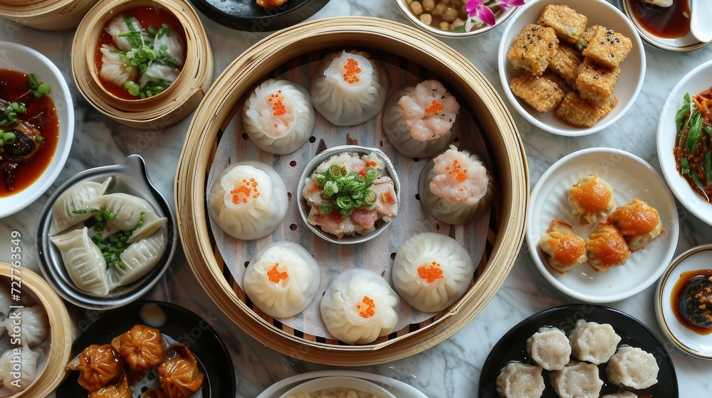 Dim Sum Feast: A bamboo steamer filled with an array of dumplings, buns, and small dishes.