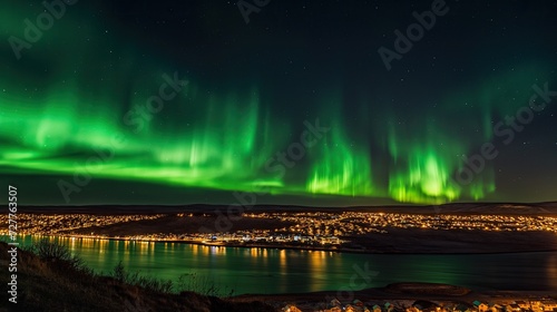 Northern lights over the night city on the coast