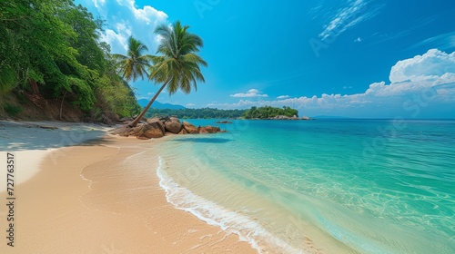 A stunning beach with golden sands, crystal-clear waters, and palm trees.