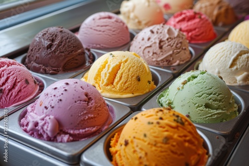 A picturesque platter of assorted colorful gelato scoops  each with its unique flavor and irresistible creaminess