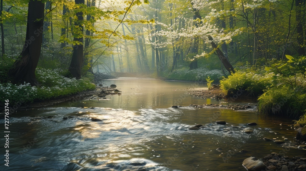 A tranquil river winding through a blossoming forest, with dappled sunlight filtering through new leaves.