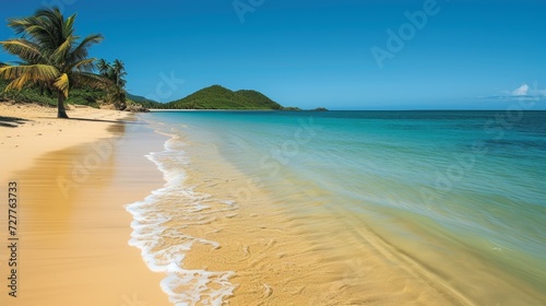 A stunning beach with golden sands, crystal-clear waters, and palm trees.