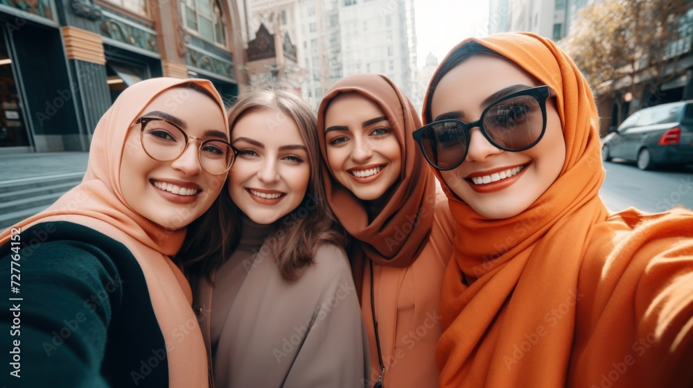 Young women and friends in city - social media influencer content creation or fashion blog Generative AI Young women and friends in city - social media influencer content creation or fashion blog Generative AI
