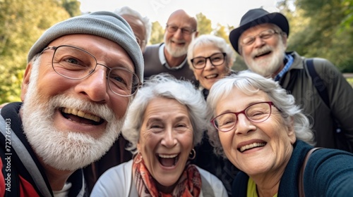 Elderly friends enjoying nature on a holiday trip Generative AI