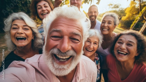 Elderly friends enjoying nature on a holiday trip Generative AI