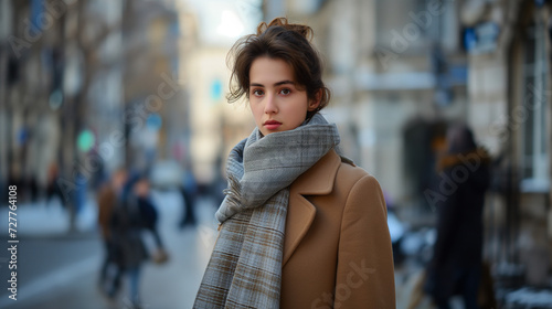 Woman in the City's Winter Park, Sporting a Stylish Coat and Smiling Amidst Urban Streets and Fall Foliage