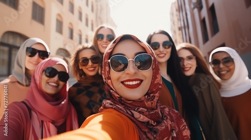 Young women and friends in city - social media influencer content creation or fashion blog Generative AI