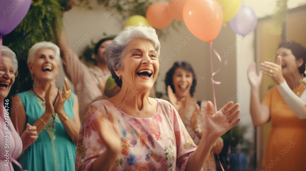 Happy senior women celebrating a birthday Generative AI - obrazy, fototapety, plakaty 