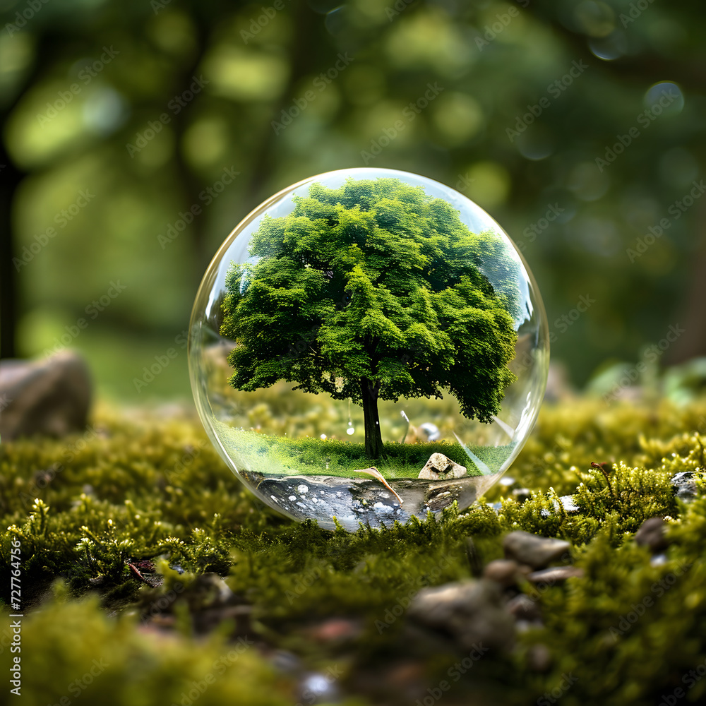 Big tree in a crystal ball in the the forest, concept of saving the world. Big tree in a crystal ball in the the forest, concept of saving the world.