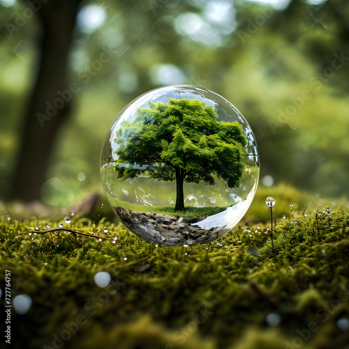 A big tree is in a glass ball in the middle of the forest, dripping with refreshing water. world saving concept.