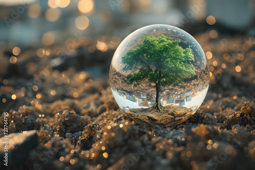 Green plants in a crystal ball, on the sand, industrial factory background, global warming.