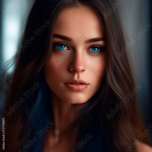 Portrait of a beautiful young brown-haired woman. The girl has blue eyes and long hair. Close-up, blue background. 