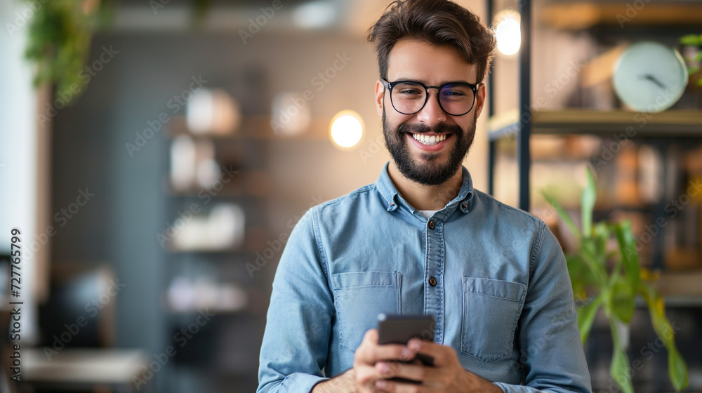 Männlicher Arbeiter im Büro mit Handy in der Hand