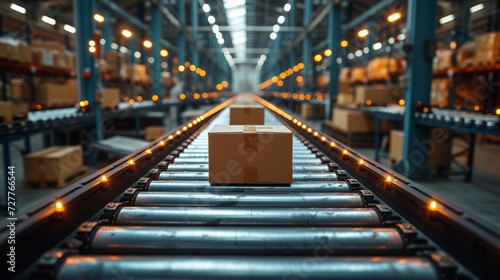 Conveyor Belt with Packaged Goods and Warehouse Inventory Generative AI