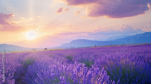 Wonderful scenery, amazing summer landscape of blooming lavender flowers, peaceful sunset view © mirifadapt