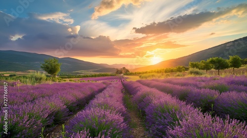 Wonderful scenery, amazing summer landscape of blooming lavender flowers, peaceful sunset view