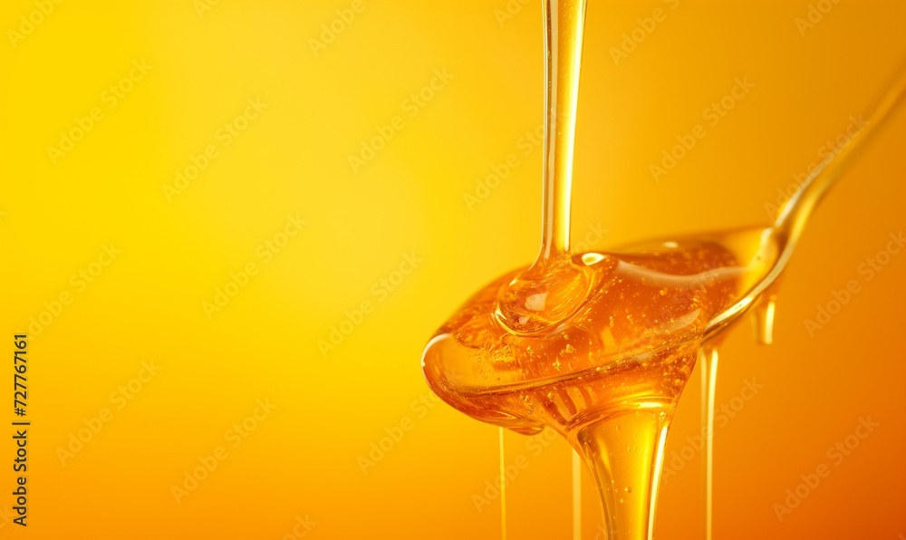 Honey dripping. Close up, honey dipping from the wooden honey spoon. - obrazy, fototapety, plakaty 