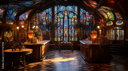 An Art Nouveau interior with a focus on.