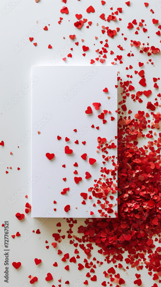 Aesthetic blank paper card mockup with red heart-shaped confetti. Luxury greeting card design concept. Generative AI