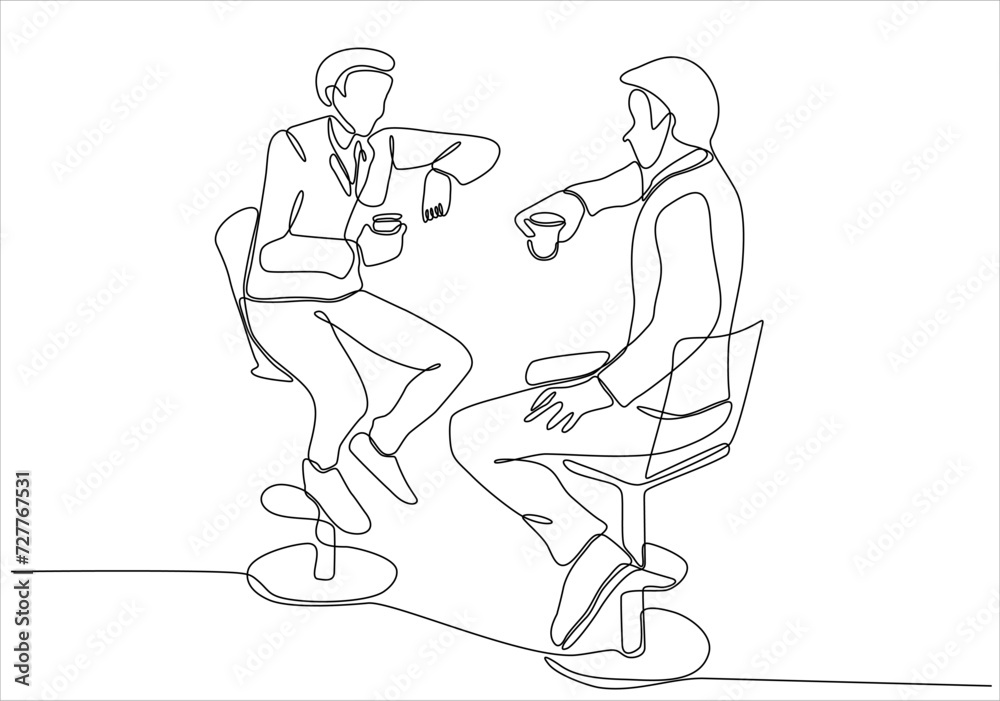 Single continuous line drawing of two young male workers have a casual chat over drink coffee during office break. Rest break at work concept. Modern one line draw design vector illustration graphic