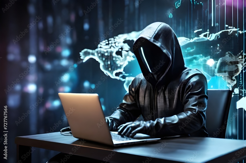 Cyber hacker. Anonymous cyber hacker in hoodie in front of a computer. Cyber crime, hacker activity, ddos attack, digital system security, fraud money, cyberattack threat, malware virus alert concept Cyber hacker. Anonymous cyber hacker in hoodie in front of a computer. Cyber crime, hacker activity, ddos attack, digital system security, fraud money, cyberattack threat, malware virus alert concept