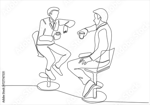 Single continuous line drawing of two young male workers have a casual chat over drink coffee during office break. Rest break at work concept. Modern one line draw design vector illustration graphic