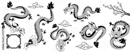 Dragon silhouette Celtic. New Year 2024, Chinese oriental cut, logo festival art Asia, Japanese card culture. Sakura flowers and clouds. Isolated astrology decorative elements. Vector tattoo set