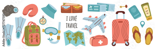 Large vector set of travel accessories. Accessories for seaside vacation, suitcases, luggage, map, airplane, tickets.