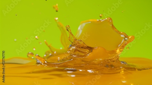 Honey dripping. Close up, dipping on green background