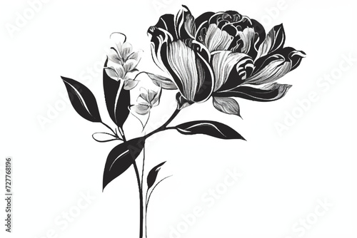 Black white flower isolated on white background. Abstract flower illustration. Flower on a white background. Black-and-white photo. Flower background. Minimalistic monochrome botanical design.