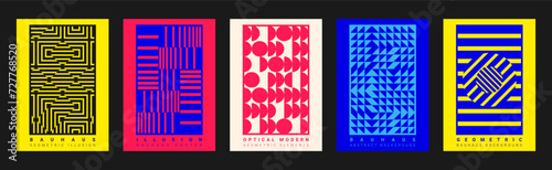 Illusion poster. Optical type. Geometric line abstract layout. Creative minimalist forms. Typography design pattern. Graphic modern shapes. Bauhaus figures. Vector garish contemporary backgrounds set