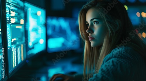 a professional female hacker looking at her computer at night. Internet crime concept. generative AI