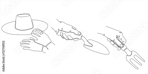 Continuous line drawing of garden instruments, a set of various gardening hand tools with gloves in minimal single line style, horticultural inventory isolated on white