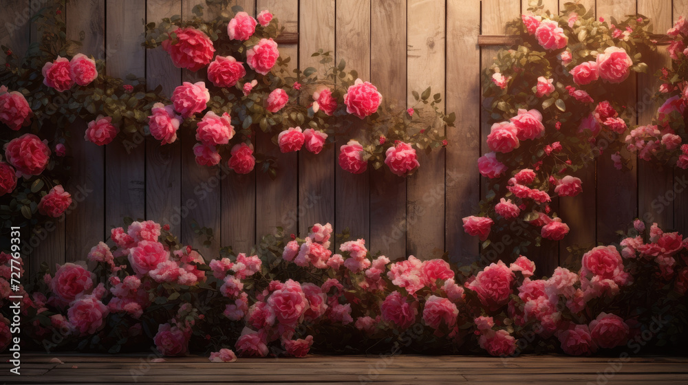 pink flowers in a garden against wooden background 