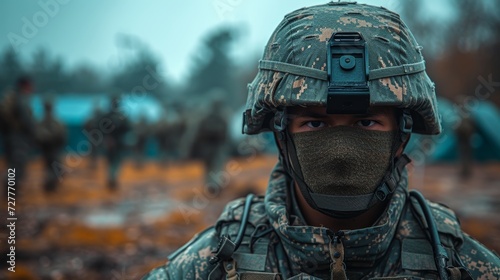 Soldier's Helmet and Dog Tag with Military Base and Personnel in the Background Generative AI photo