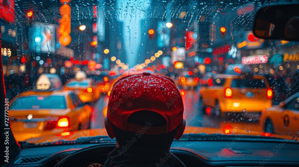 Urban Taxi Driver Focused on the Road with Cityscape and Traffic in the Background Generative AI - obrazy, fototapety, plakaty 