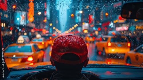 Urban Taxi Driver Focused on the Road with Cityscape and Traffic in the Background Generative AI photo