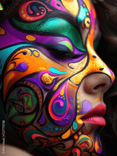 Creative female face painting by a real makeup artist. Using bright colors on a beautiful woman. Make-up Generative AI © Dvid