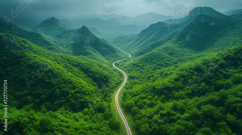 Mountain road in the mountains with lush greenery, trees, and a clear sky, showcasing the natural beauty of the countryside in Europe, perfect for tourism and outdoor adventures
