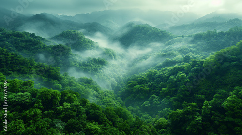 Misty mountain landscape with fog, clouds, trees, and a serene lake, amidst lush greenery, under a clear blue sky