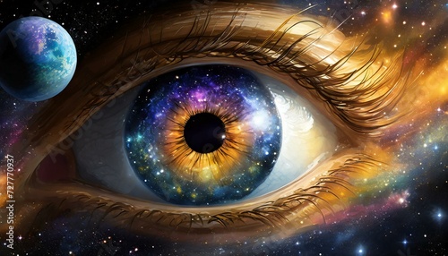 colorful eye in universe with galaxies and planets