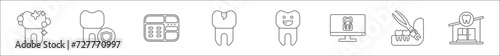 outline set of dentist line icons. linear vector icons such as tooth, shield, dentist, caries, tooth, x ray, extraction, clinic