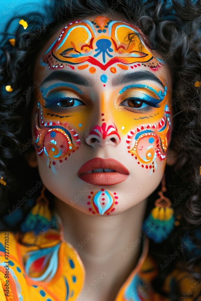Creative female face painting by a real makeup artist. Using bright colors on a beautiful woman. Make-up Generative AI Creative female face painting by a real makeup artist. Using bright colors on a beautiful woman. Make-up Generative AI