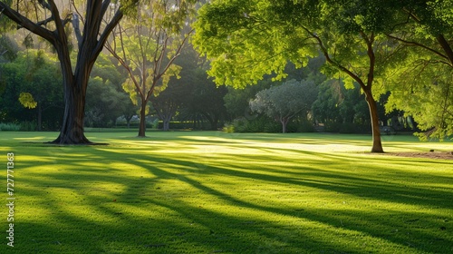 Lush green lawn in a local park with lovely trees, bathed in morning sunlight. Horsham Botanic Gardens, Victoria, Australia. Empty area for writing.