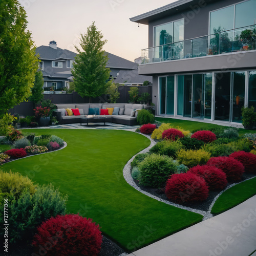 Inspiration for modern and futuristic urban neighbourhoods, Modern Urban House, wide shots of home gardens, lawns, yards, decks, spaces for outdoor entertaining, landscaping design, modern architect © aiximagination